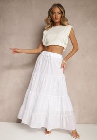 Renee - Biała Rozkloszowana Spódnica z Bawełny z Wiązaniem i Gumką w Talii Miloreina. Kolor: biały. Materiał: bawełna. Sezon: lato. Styl: elegancki