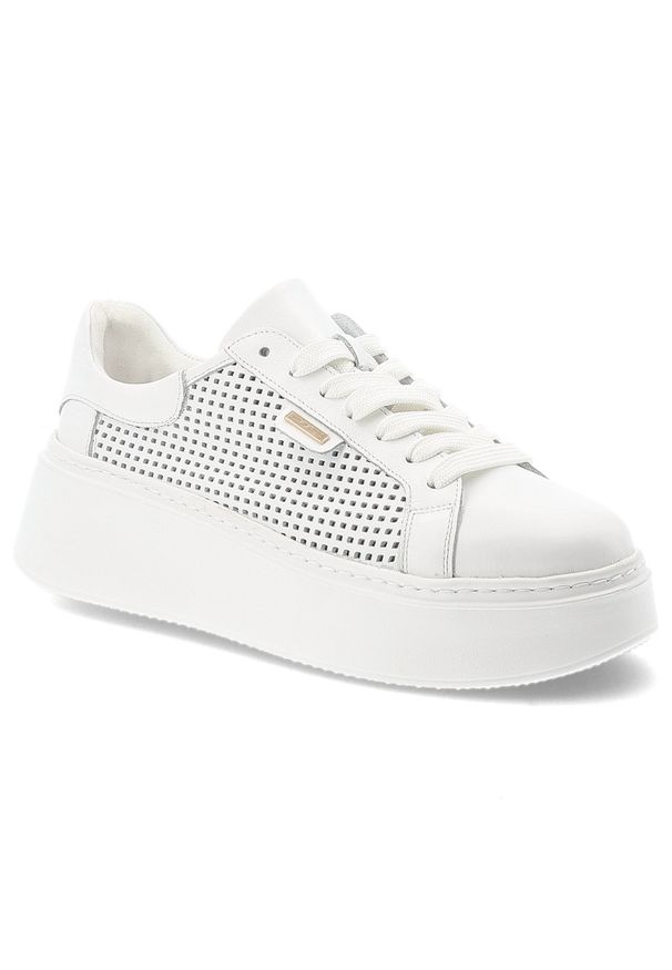 Sneakersy damskie Armodo, cholewka ze skóry naturalnej perforowana konstrukcja zapewniająca przewiewność klasyczne sznurowanie, białe, DS-777. Zapięcie: sznurówki. Kolor: biały. Materiał: skóra. Szerokość cholewki: normalna. Wzór: ażurowy. Styl: klasyczny