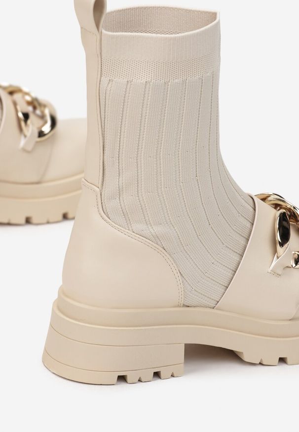 Born2be - Beżowe Botki Feanelle. Wysokość cholewki: przed kolano. Zapięcie: bez zapięcia. Kolor: beżowy. Materiał: jeans, materiał. Szerokość cholewki: normalna. Wzór: aplikacja