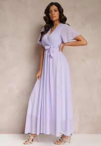 Renee - Fioletowa Plisowana Sukienka z Kopertowym Dekoltem i Gumką w Talii Dimitris. Kolor: fioletowy. Materiał: materiał. Typ sukienki: kopertowe #2