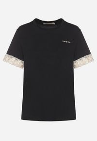 Born2be - Czarny T-shirt z Bawełny Zdobiony Koronką z Cekinami Pollea. Okazja: na co dzień. Kolor: czarny. Materiał: bawełna, koronka. Długość rękawa: krótki rękaw. Długość: krótkie. Wzór: aplikacja, koronka. Styl: klasyczny, casual