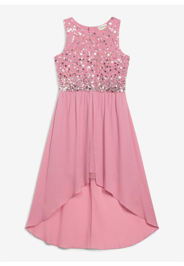 bonprix - Sukienka z dłuższym tyłem. Kolor: różowy. Materiał: materiał. Długość rękawa: krótki rękaw. Styl: elegancki