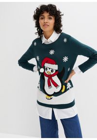 bonprix - Sweter z bożonarodzeniowym motywem. Kolor: zielony. Wzór: aplikacja #1