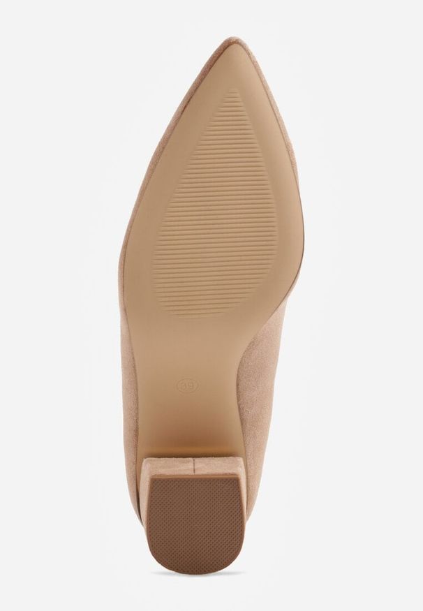 Renee - Ciemnobeżowe Czółenka na Słupku z Wkładką ze Skóry Naturalnej i Metaliczną Ozdobą Dynaste. Kolor: beżowy. Materiał: skóra. Wzór: aplikacja. Obcas: na słupku. Styl: elegancki