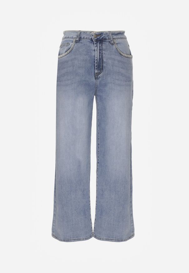 Born2be - Niebieskie Jeansy Szerokie z Wysokim Stanem Ozdobione Przeszyciami Aikaea. Okazja: na co dzień. Stan: podwyższony. Kolor: niebieski. Wzór: aplikacja. Styl: casual, elegancki