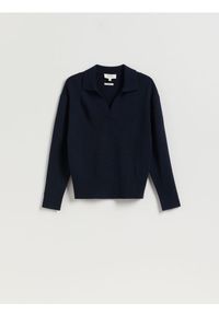 Reserved - Sweter polo z wełny merino - granatowy. Typ kołnierza: polo. Kolor: niebieski. Materiał: wełna