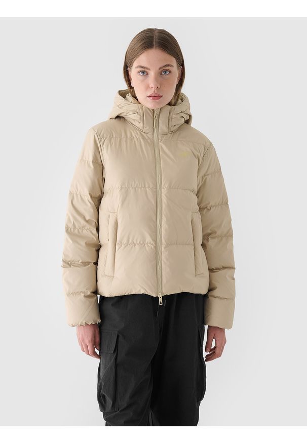 4f - 4F Kurtka puchowa z naturalnym wypełnieniem damska - beżowa S. Okazja: na co dzień. Kolor: beżowy. Materiał: puch. Wzór: gładki. Sezon: zima. Styl: casual, klasyczny, sportowy