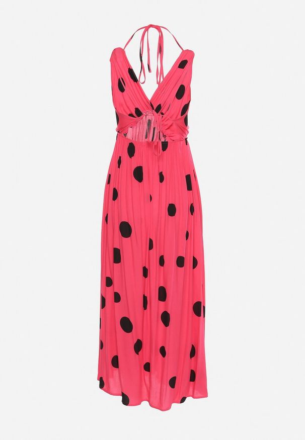 Born2be - Fuksjowa Rozkloszowana Sukienka z Wiskozy Wiązana na Szyiu i Plecach z Gumką w Pasie Jessmarie. Okazja: na co dzień. Kolor: różowy. Materiał: wiskoza. Styl: casual