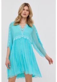 Nissa sukienka jedwabna mini rozkloszowana. Kolor: niebieski. Materiał: jedwab. Typ sukienki: rozkloszowane. Długość: mini