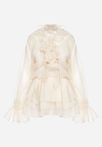 Born2be - Beżowa Rozkloszowana Sukienka Tiulowa z Falbanami i Kwiatowymi Broszkami Miranisea. Okazja: na co dzień. Kolor: beżowy. Materiał: tiul. Wzór: kwiaty. Typ sukienki: rozkloszowane. Styl: casual, klasyczny, elegancki #5