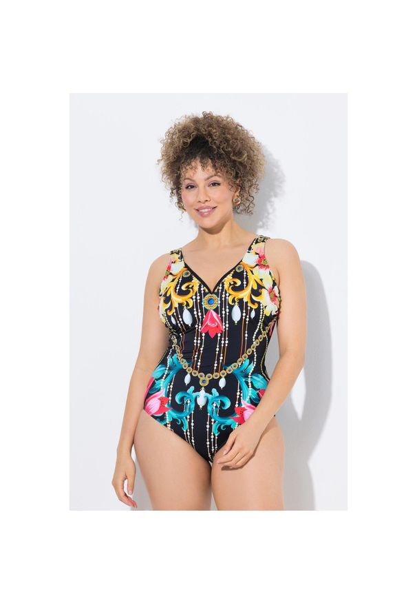 ULLA POPKEN - Damski Strój kąpielowy barok miękkie miseczki głęboki dekolt w serek. Kolekcja: plus size. Kolor: czarny. Materiał: poliamid, poliester, materiał, elastan