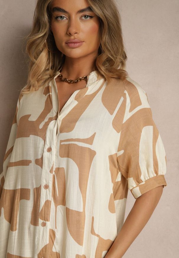 Renee - Beżowa Sukienka z Wiskozy Ozdobiona Geometrycznym Motywem Filorea. Okazja: na co dzień, na randkę, do pracy. Kolor: beżowy. Materiał: wiskoza. Wzór: geometria, aplikacja. Styl: casual, klasyczny