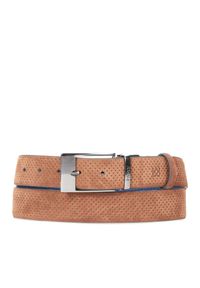 Kazar - Granatowo-brązowy pasek dwustronny. Kolor: niebieski. Materiał: zamsz. Wzór: aplikacja. Styl: elegancki #1