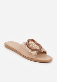 Renee - Ciemnobeżowe Klapki z Plecionką i Geometryczną Klamrą Nemornell. Okazja: na co dzień. Kolor: beżowy. Materiał: len. Wzór: geometria. Sezon: lato. Styl: boho, casual, retro #3