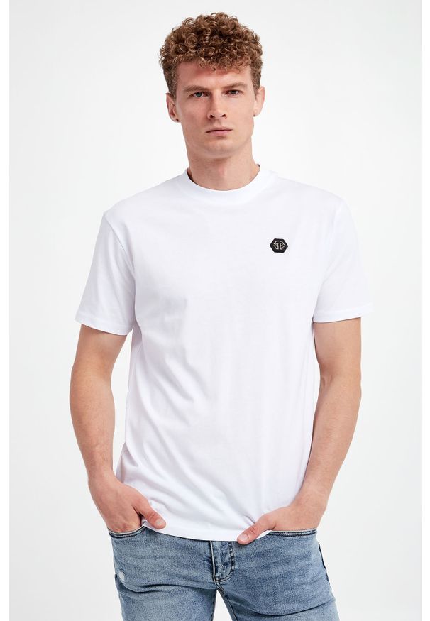 Philipp Plein - T-shirt męski PHILIPP PLEIN. Materiał: skóra, prążkowany. Długość rękawa: krótki rękaw. Długość: krótkie. Wzór: aplikacja, nadruk, haft, kolorowy