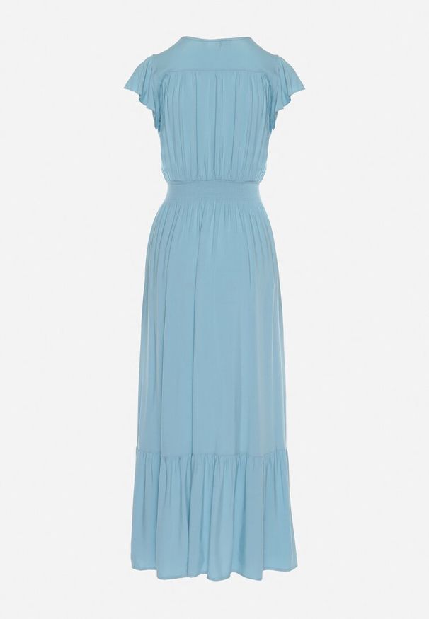 Born2be - Jasnoniebieska Bawełniana Sukienka Maxi z Kopertową Górą Rozkloszowana Xaliara. Okazja: na wesele, na imprezę, na ślub cywilny. Kolor: niebieski. Materiał: bawełna. Sezon: lato. Typ sukienki: kopertowe. Długość: maxi