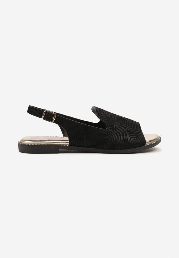 Renee - Czarne Sandały Slingback ze Skórzaną Wkładką i Noskiem Peep Toe Kirassa. Nosek buta: otwarty. Zapięcie: sprzączka. Kolor: czarny. Materiał: skóra. Obcas: na płaskiej podeszwie. Styl: klasyczny