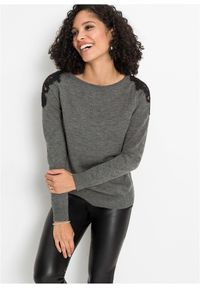 bonprix - Sweter z cienkiej dzianiny. Kolor: szary. Materiał: dzianina, koronka. Wzór: koronka #1
