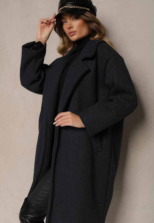 Renee - Granatowy Dwurzędowy Płaszcz Oversize z Wełną Spolete. Kolor: niebieski. Materiał: wełna. Styl: elegancki