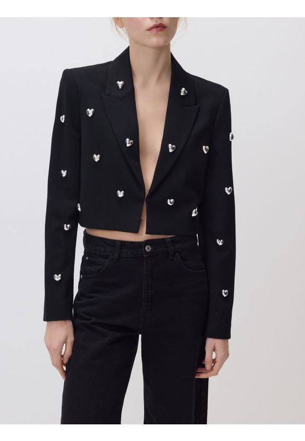 Reserved - Marynarka z aplikacjami - czarny. Kolor: czarny. Materiał: wiskoza, dzianina. Długość: krótkie. Wzór: aplikacja