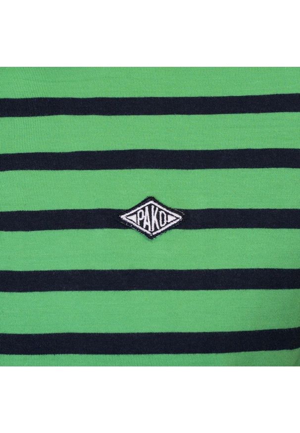 Koszulka Polo - Męska - Pako Jeans - Zielona w Granatowy Prążek. Okazja: na co dzień. Typ kołnierza: polo. Kolor: wielokolorowy, niebieski, zielony. Materiał: bawełna. Wzór: paski, prążki. Styl: casual
