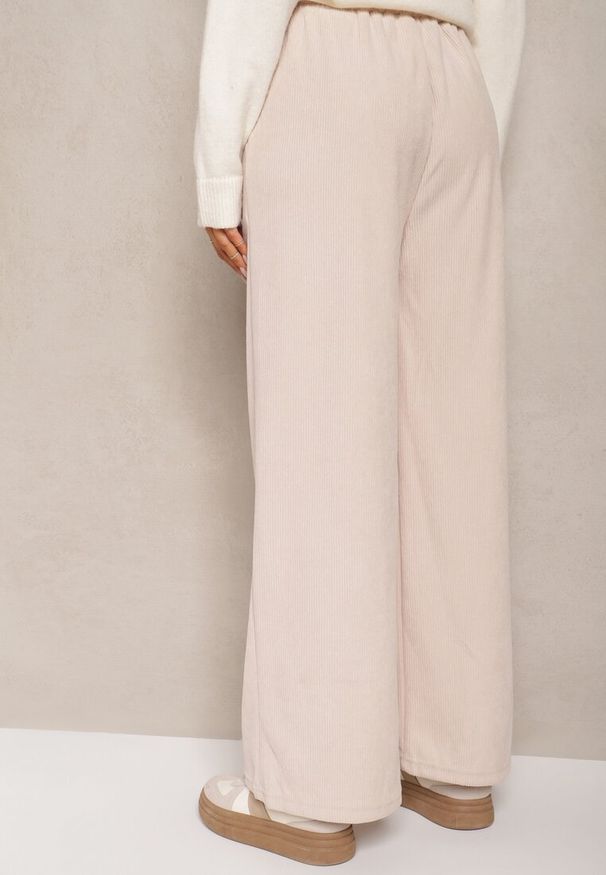 Renee - Beżowe Spodnie o Szerokim Kroju High Waist z Wiązaniem w Pasie Ettianne. Okazja: na co dzień. Stan: podwyższony. Kolor: beżowy. Styl: casual, elegancki