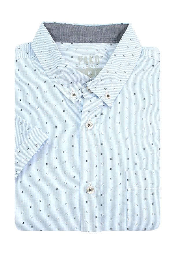 Pako Jeans - Koszula Męska, Niebieska w Drobny Wzór, Bawełniana, Casualowa, Krótki Rękaw, z Kieszonką -PAKO JEANS. Okazja: na co dzień. Kolor: niebieski. Materiał: bawełna. Długość rękawa: krótki rękaw. Długość: krótkie. Styl: casual