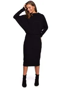 MOE - Kimonowa Sukienka z Ołówkowym Dołem - Czarna. Kolor: czarny. Materiał: elastan, bawełna. Typ sukienki: ołówkowe