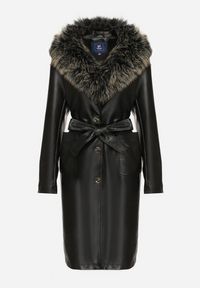 Born2be - Czarny Jednorzędowy Płaszcz z Imitacji Skóry z Wiązanym Paskiem i Odpinanym Futrem Semivora. Okazja: na co dzień. Kolor: czarny. Materiał: skóra, futro. Długość rękawa: długi rękaw. Długość: długie. Styl: casual, rockowy, elegancki #3