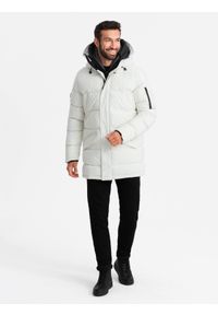 Ombre Clothing - Męska długa kurtka parka ze strukturalnej tkaniny – biała V1. Kolor: biały. Materiał: tkanina. Długość: długie. Wzór: aplikacja #8