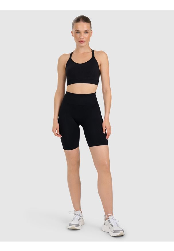 4f - 4F Legginsy kolarki treningowe bezszwowe damskie - czarne XS/S. Stan: podwyższony. Kolor: czarny. Materiał: dzianina, materiał, syntetyk, włókno, elastan. Długość: krótkie. Wzór: gładki. Sport: fitness