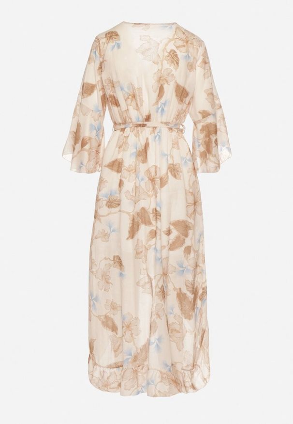 Born2be - Beżowa Bawełniana Sukienka Kopertowa o Asymetrycznym Kroju z Wiązanym Paskiem Niteira. Okazja: na randkę, na co dzień. Typ kołnierza: dekolt w kształcie V. Kolor: beżowy. Materiał: bawełna. Typ sukienki: kopertowe, asymetryczne. Styl: casual