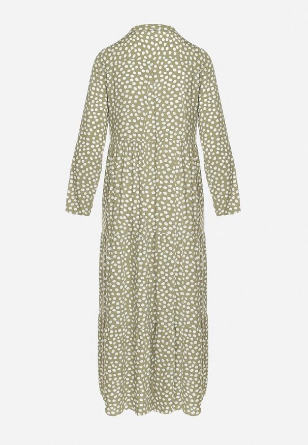 Born2be - Zielona Koszulowa Sukienka Bawełniana Maxi w Kropki o Rozkloszowanym Kroju Lirtia. Kolor: zielony. Materiał: bawełna. Wzór: kropki. Typ sukienki: koszulowe. Długość: maxi