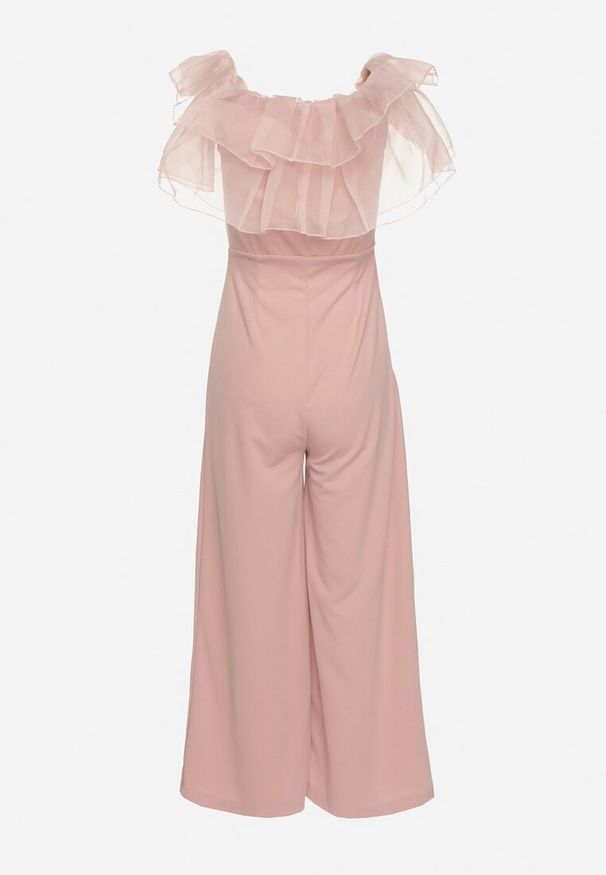 Born2be - Ciemnoróżowy Kombinezon bez Rękawów z Dekoltem Ozdobionym Falbanką Tessella. Kolor: różowy. Długość rękawa: bez rękawów. Wzór: aplikacja. Styl: wizytowy