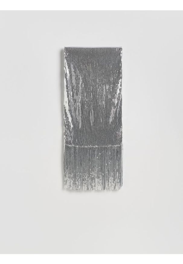 Reserved - Cekinowa spódnica z frędzlami - srebrny. Kolor: srebrny. Materiał: dzianina. Wzór: gładki