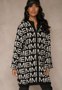 Renee - Czarno-Biały Kardigan na Suwak z Kapturem w Literowy Wzór Calitusa. Okazja: na co dzień. Typ kołnierza: kaptur. Kolor: czarny. Materiał: jeans. Styl: casual #5
