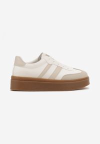 Born2be - Biało-Beżowe Sneakersy w Stylu Tenisówek z Paskami Nilomira. Okazja: na co dzień. Zapięcie: pasek. Kolor: biały. Materiał: jeans #5