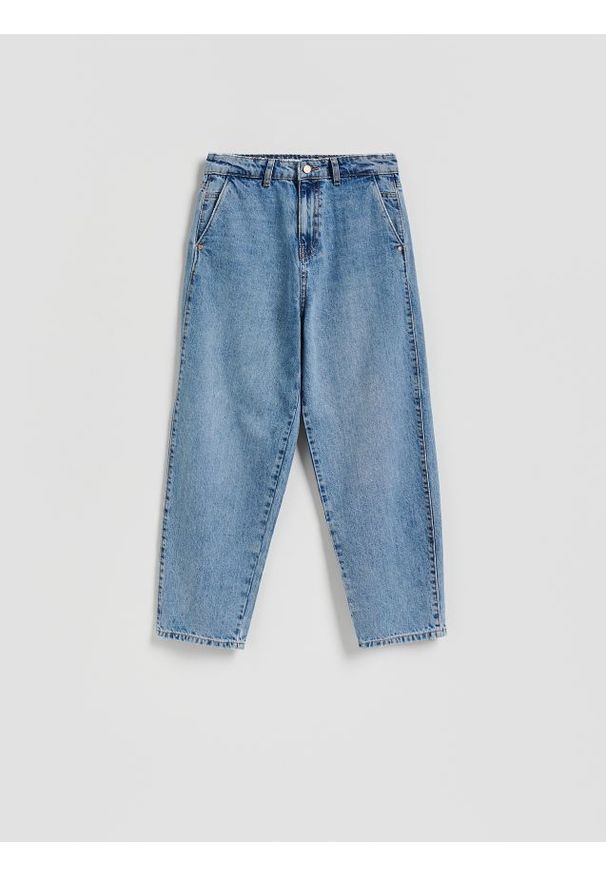 Reserved - Jeansy barrel leg - niebieski. Kolor: niebieski