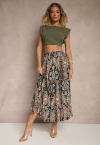 Renee - Beżowo-Czarna Spódnica z Wiskozy Ozdobiona Motywem Paisley Ellivae. Okazja: na co dzień. Kolor: beżowy. Materiał: wiskoza. Wzór: aplikacja, paisley. Styl: casual, elegancki