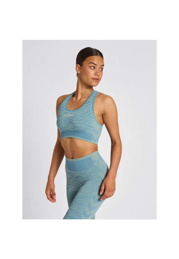 Damski bezszwowy biustonosz sportowy Hummel MT Saga. Kolor: wielokolorowy, niebieski, zielony. Sport: bieganie, fitness