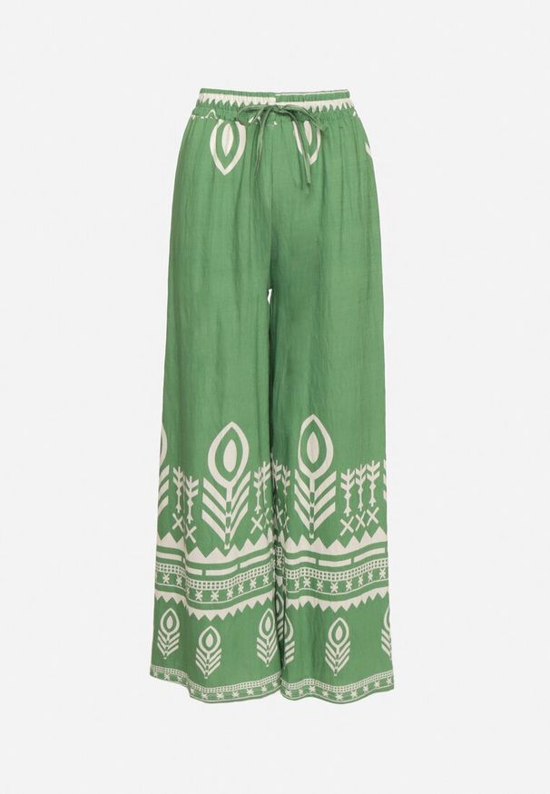 Born2be - Zielone Wiskozowe Spodnie o Szerokim Kroju z Etnicznym Wzorem Mileldi. Okazja: na co dzień. Stan: podwyższony. Kolor: zielony. Materiał: wiskoza. Styl: casual, elegancki