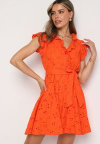 Born2be - Pomarańczowa Ażurowa Rozkloszowana Sukienka z Bawełny na Guziki Caldea. Kolor: pomarańczowy. Materiał: bawełna. Długość rękawa: krótki rękaw. Wzór: ażurowy. Styl: klasyczny, elegancki #5