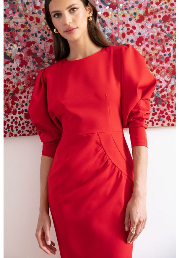 Style - Elegancka ołówkowa sukienka z bufiastymi rękawami. Materiał: elastan. Wzór: gładki. Typ sukienki: ołówkowe. Styl: elegancki