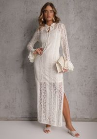 Renee - Beżowa Taliowana Sukienka z Koronki Zdobiona Wiązaniem przy Szyi Terienna. Okazja: na imprezę. Kolor: beżowy. Materiał: koronka. Długość rękawa: na ramiączkach. Wzór: aplikacja, koronka. Sezon: lato. Typ sukienki: oversize #3