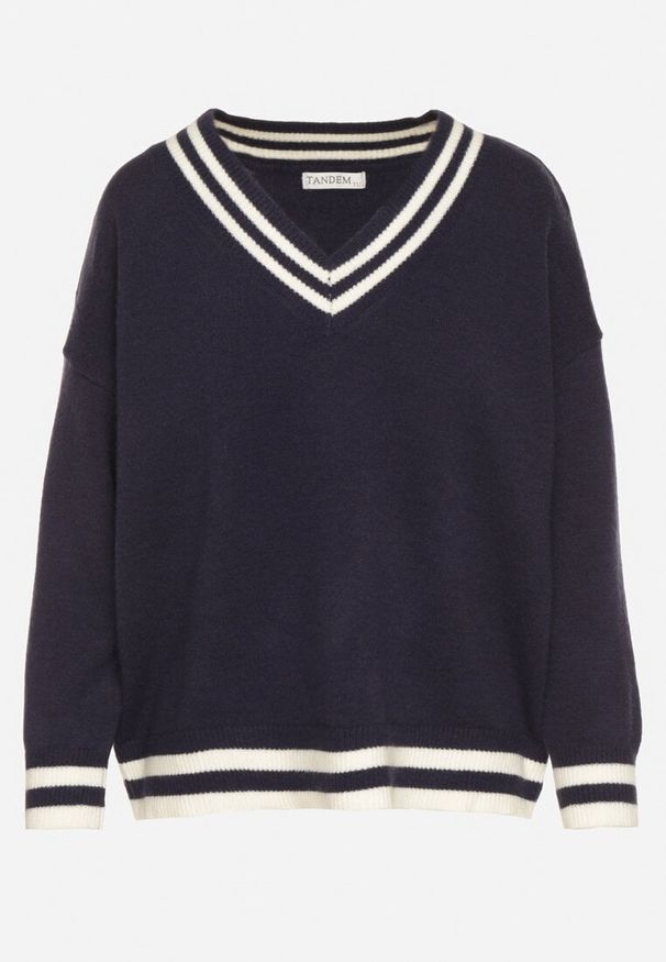 Born2be - Granatowy Sweter z Domieszką Kaszmiru w Stylu Preppy Liendria. Okazja: do pracy, na co dzień, na spotkanie biznesowe. Kolor: niebieski. Materiał: kaszmir. Wzór: aplikacja. Styl: casual, klasyczny, biznesowy