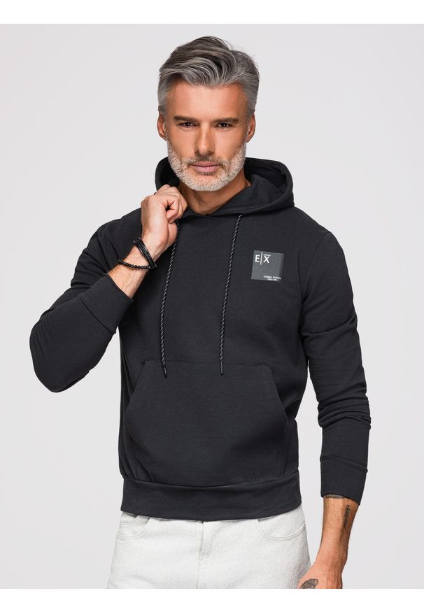 Ombre Clothing - Męska bluza kangurka z kapturem i logotypem – czarna V1 - Rozmiar: S. Typ kołnierza: kaptur. Kolor: czarny. Materiał: bawełna, dzianina. Wzór: jednolity, nadruk