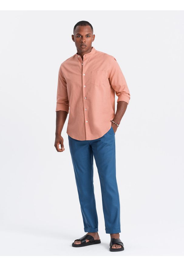 Ombre Clothing - Męskie spodnie podwijane chino z dodatkiem lnu – niebieski denim V5 - Rozmiar: M. Okazja: na co dzień. Kolor: niebieski. Materiał: len, denim. Sezon: lato. Styl: casual