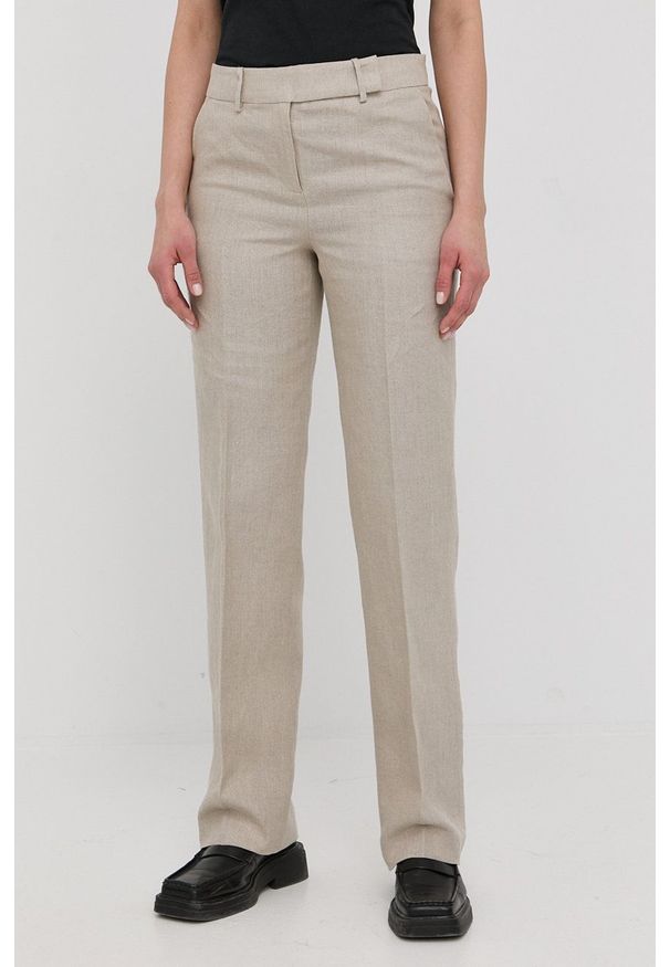 MICHAEL Michael Kors spodnie lniane MS23015A19 damskie kolor beżowy szerokie high waist. Stan: podwyższony. Kolor: beżowy. Materiał: len