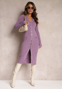 Renee - Fioletowa Sweterkowa Sukienka Midi Ehedga. Kolor: fioletowy. Materiał: tkanina, dzianina. Długość: midi #1