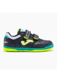 Buty piłkarskie dla dzieci Joma Top Flex Jr 2303 Indoor. Zapięcie: rzepy. Kolor: wielokolorowy, żółty, niebieski, czarny. Materiał: guma, skóra, tkanina, materiał, syntetyk. Szerokość cholewki: normalna. Sport: piłka nożna